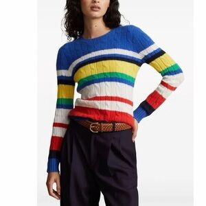 Polo Ralph Lauren Cashmere Julianna Cable Knit Sweater in Blue/Red Multi Size S